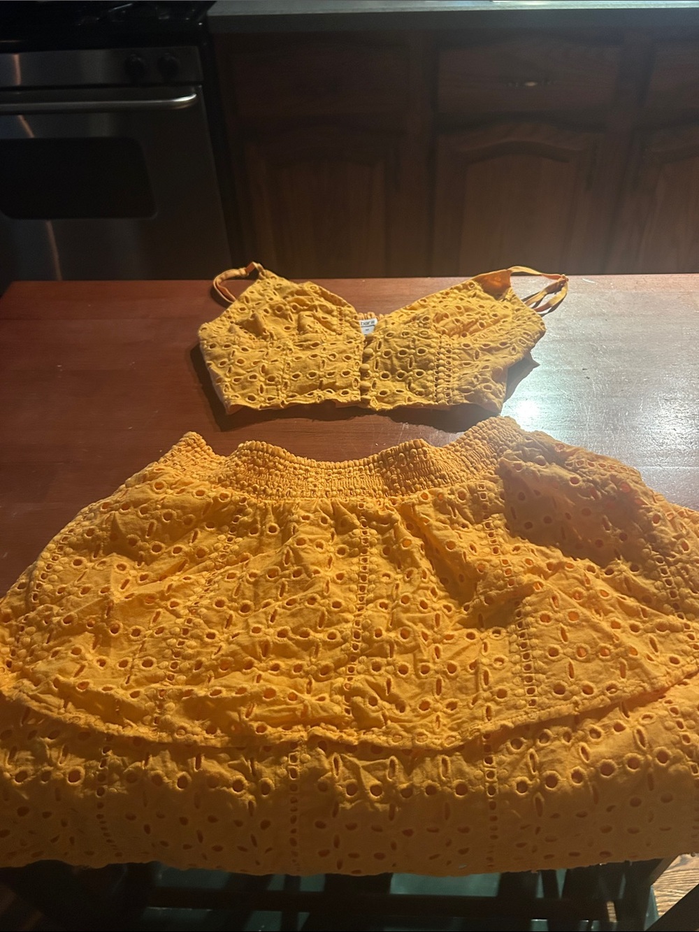 BAR lll Orange Eyelet Two-Piece Crop Top and Skirt Set
